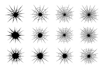 Realistic bullet hole and cracked glass icon set in black and white, Transparent Background