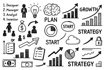 Business growth strategy and startup planning icons in sketch doodle style, Transparent Background