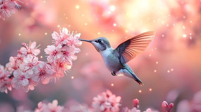 Vibrant hummingbird feeding on delicate spring flowers