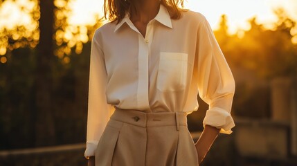 Woman in beige outfit golden hour