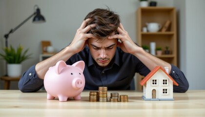 Stressed young man sits at table with piggy bank and house model home office financial struggles indoor contemplation