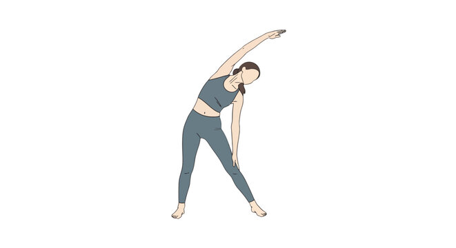 Minimalist illustration of a woman in grey-blue activewear performing a standing side bend stretch.