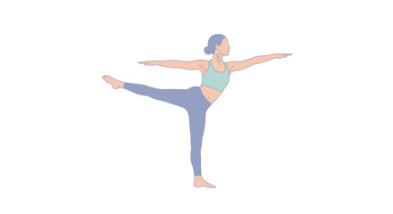 Woman in Natarajasana Yoga Pose, Line Art Illustration, Teal and Purple Activewear