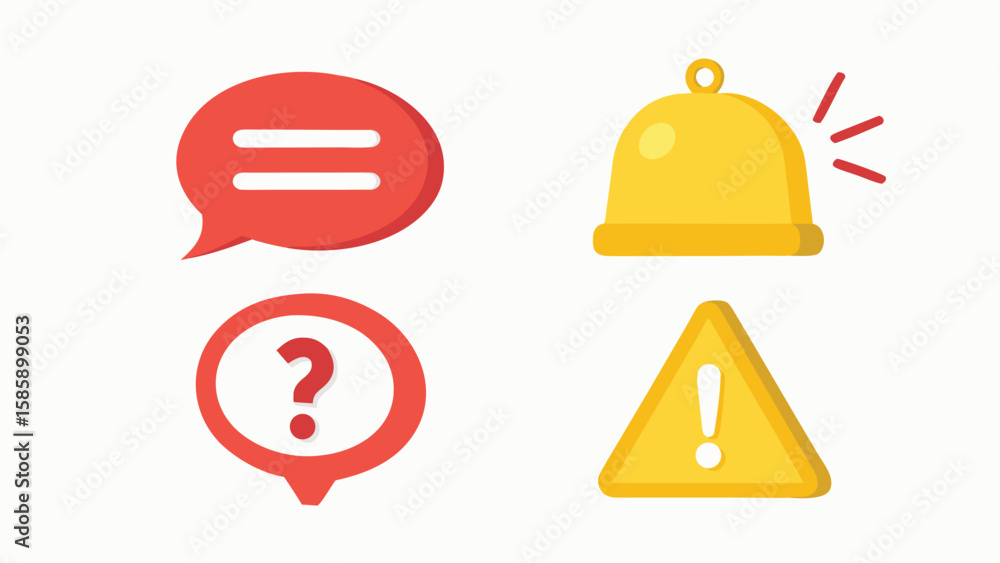 Poster collection of four flat design icons representing communication alerts questions and warnings
