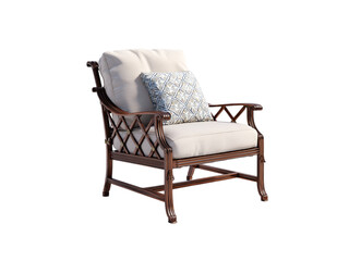 Elegant wicker armchair with patterned cushion and plush seating rattan, Isolated, Transparent Png