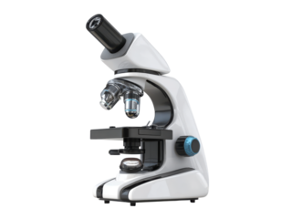 White laboratory microscope with blue illuminated dial scientific equipment, Isolated, Transparent Png