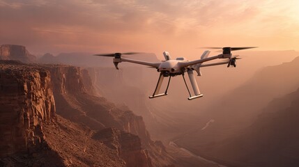 Flying drones in the sky and landscapes with city and nature backgrounds. AI generated image