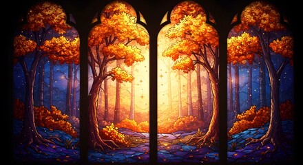 Enchanting Stained Glass Windows Depicting Autumn Forest Scenes

