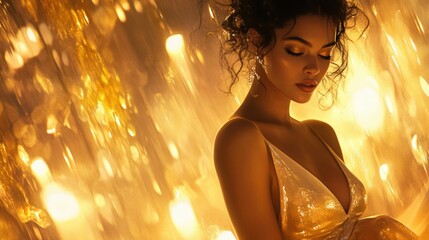Woman in golden dress with warm light display