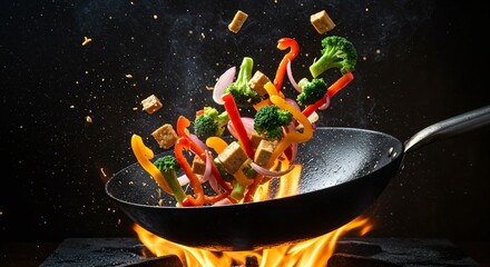 Dynamic Vegetable Stir-Fry: Vibrant Ingredients in Mid-Air Over Flames for Delicious Cooking Presentation
