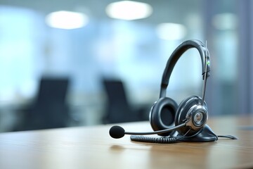 Headset and phone on a desk in the office for customer support, call center, or related call center concept. Copy space.
