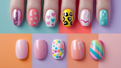Collection of Artistic Fingernail Designs Displayed on Colorful Squares

