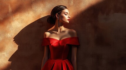 Woman in red dress profile view