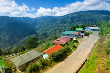 Beautiful way to Okhrey village, Himalayan mountain range in the background . Okhrey is a remote...