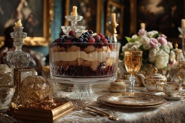 Naklejka premium Grand layered trifle glows in opulent Georgian manor with silver and velvet