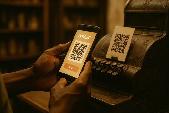 Close-up of hands holding smartphone scanning QR code on payment terminal screen - Powered by Adobe