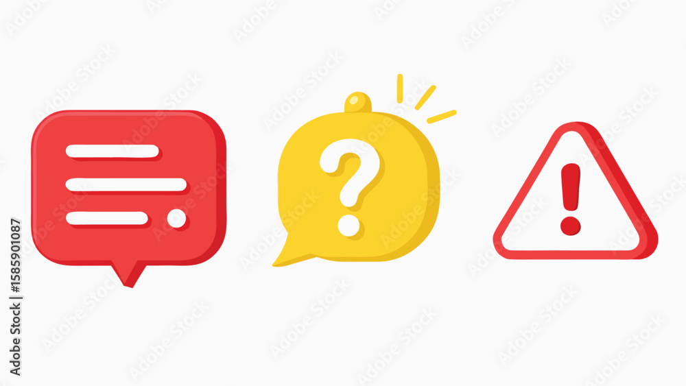 Poster three distinct icons representing communication questions and warnings on a white background