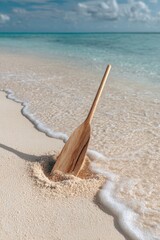 Natural Beach Scene With Wooden Paddle &ndash; Soft Sand, Ocean Horizon, and Peaceful Light