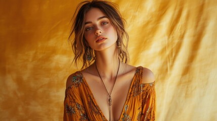 Woman portrait against gold background