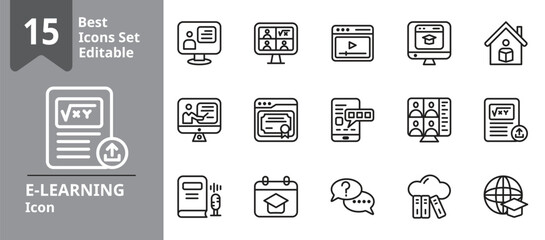 Set of E-Learning icons. Icons Contains learning, education, class, virtual, etc . Design elements for you projects. Editable stroke vector illustration