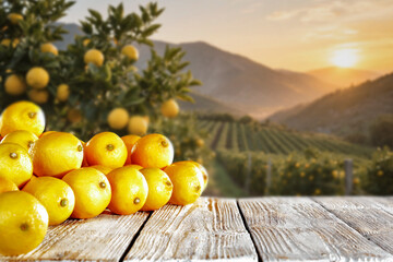 Fresh yellow lemons on rustic wooden table with blurred citrus orchard in background – concept of...