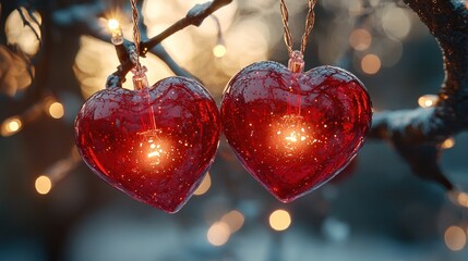 Red heart decorations hanging on winter branches