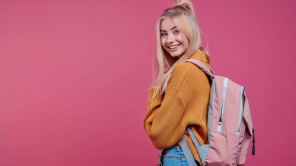 A young girl in a yellow sweater and denim vest with a pink backpack stands against a pink background.