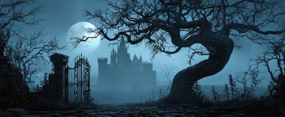 The haunting silhouette of a castle beneath a full moon in foggy darkness