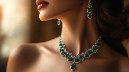 Woman wearing emerald and diamond jewelry