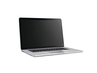 Sleek silver laptop open displaying dark screen black keyboard, Isolated, Transparent Png