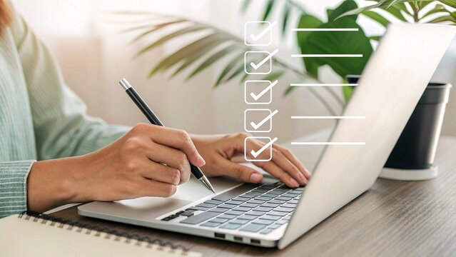 Business performance monitoring and evaluation concept, Take an assessment, Business man using laptop and tablet online checklist survey, Filling out digital checklist, Questionnaire with checkboxes.