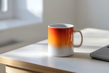Colorful Mug on Desk with Laptop and Sunlight for Morning Coffee