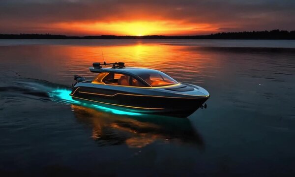 A boat on a calm lake during sunset. The sky is painted with warm hues of orange and pink, and the reflection of the setting sun is visible on the water. The boat is illuminated with blue lights