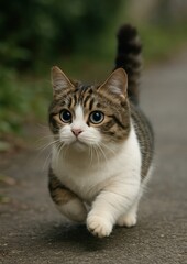 Adorable cat walking outdoors.