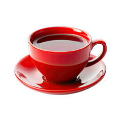 A vibrant red teacup and saucer, filled with a dark reddish-brown liquid, sits against a black background