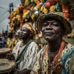 Cultural Festival Celebration with Traditional Drummers Wearing Colorful Outfits and Vibrant Decorations