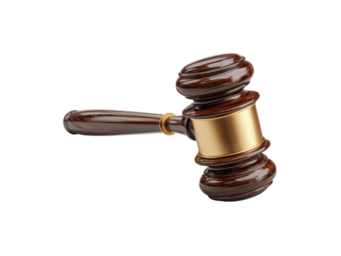 Polished wooden gavel with gleaming gold band on dark background brown, Isolated, Transparent Png