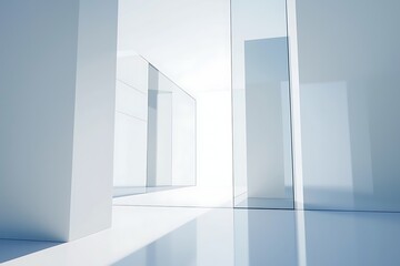 Minimalist white architecture with glass partitions and bright light, modern interior design