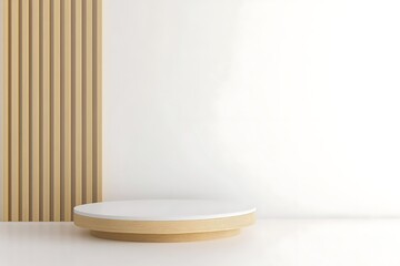 Minimalist display podium with wooden panel and white wall for product presentation, studio shot