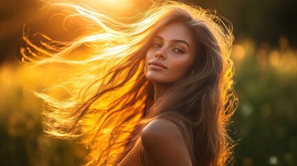 Woman with long flowing hair in golden sunlight