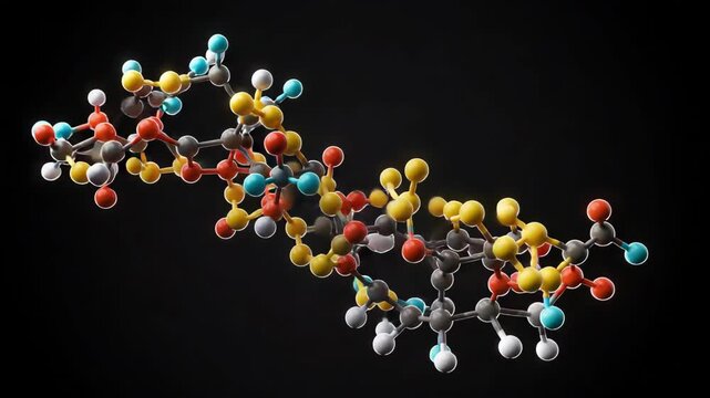 Detailed Molecular Structure with Spheres and Connections in Varied Colors on Dark Background Scientific Representation Optimized for Adobe Stock