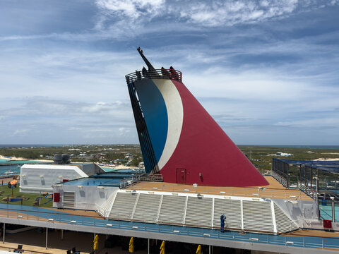 View of the Burnt Whale Tail Funnel of the Carnival Freedom Docked in Grand Turk. The funnel Caught Fire in 2022.