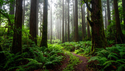 Fototapeta premium Misty Forest Path Sunlight Through Tall Trees Lush Green Vegetation