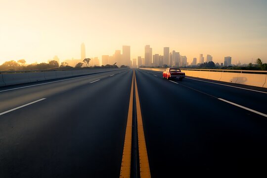 Fototapeta Classic car driving on highway towards city skyline at sunrise