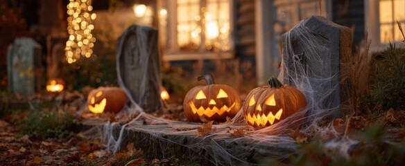 Obraz premium The enchanting display of illuminated Halloween pumpkins and spooky decorations.