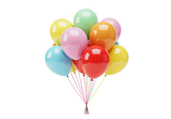 A vibrant cluster of perfectly inflated, smooth, round party balloons in yellow, orange, light blue, pink, light green, and red, tied with colorful strings, against a transparent studio background