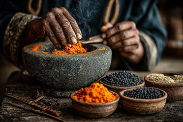 Smoking Freshly Ground Spices in Traditional Stone Mortar with Hands