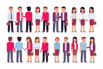 Business Colleagues' Ensemble: A meticulously crafted flat vector illustration that depicts a group of professional figures in various poses of collaboration and partnership.