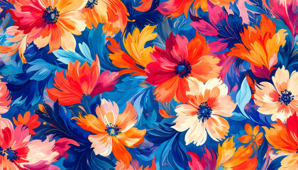 Vibrant Floral Pattern with Red Orange and Blue Flowers