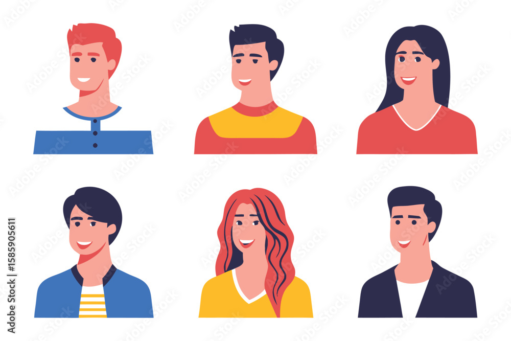 Poster diverse faces: a collection of vector illustration, showcasing an array of different faces expressin